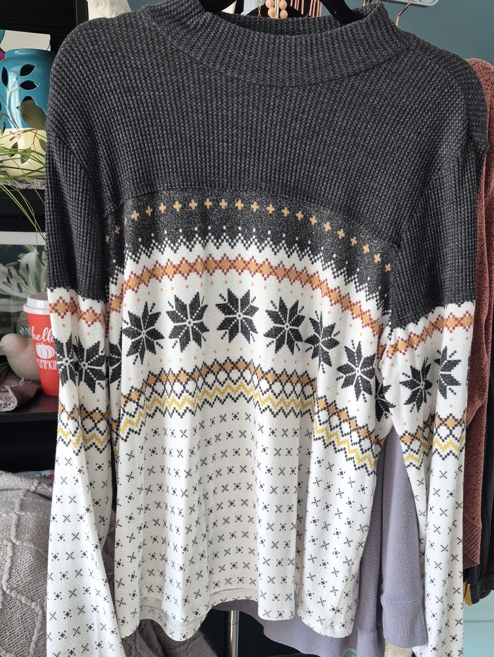 Fair Isle Mock Neck Sweater in Charcoal and Ivory Sz 1X